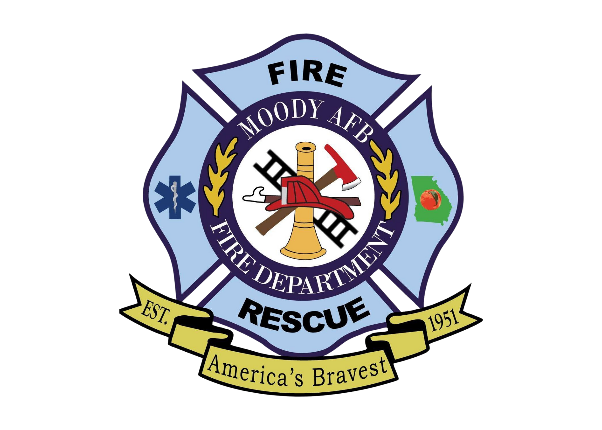 Moody AFB Fire Department emblem: blue Maltese cross with fire tools, Georgia state outline, and