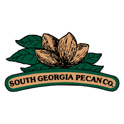 Logo: pecan with green leaves,