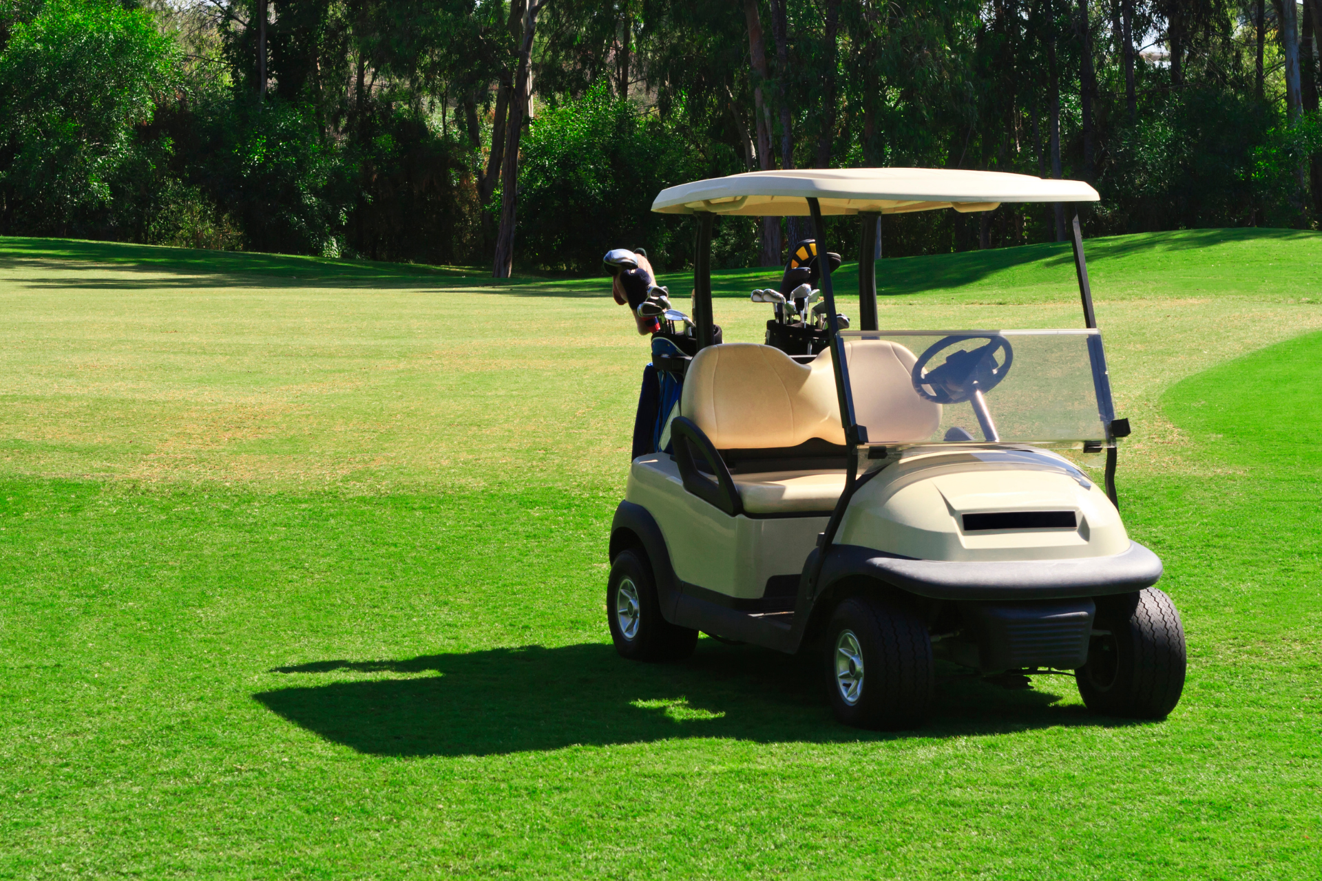 Golf cart on a green golf course with trees in the background, sunny day.