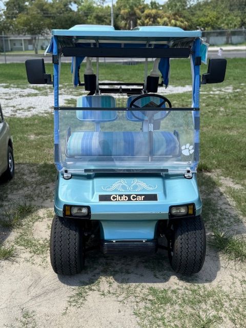 Green golf cart with cargo bed parked in front of a beige building, shaded by a tree.
