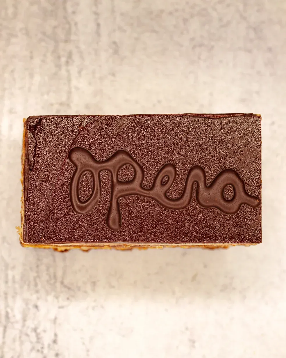 Opera cake, rectangular, dark chocolate glaze with