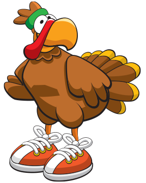 Cartoon turkey wearing sneakers promoting the Turkey Burn fitness event in Piscataway NJ