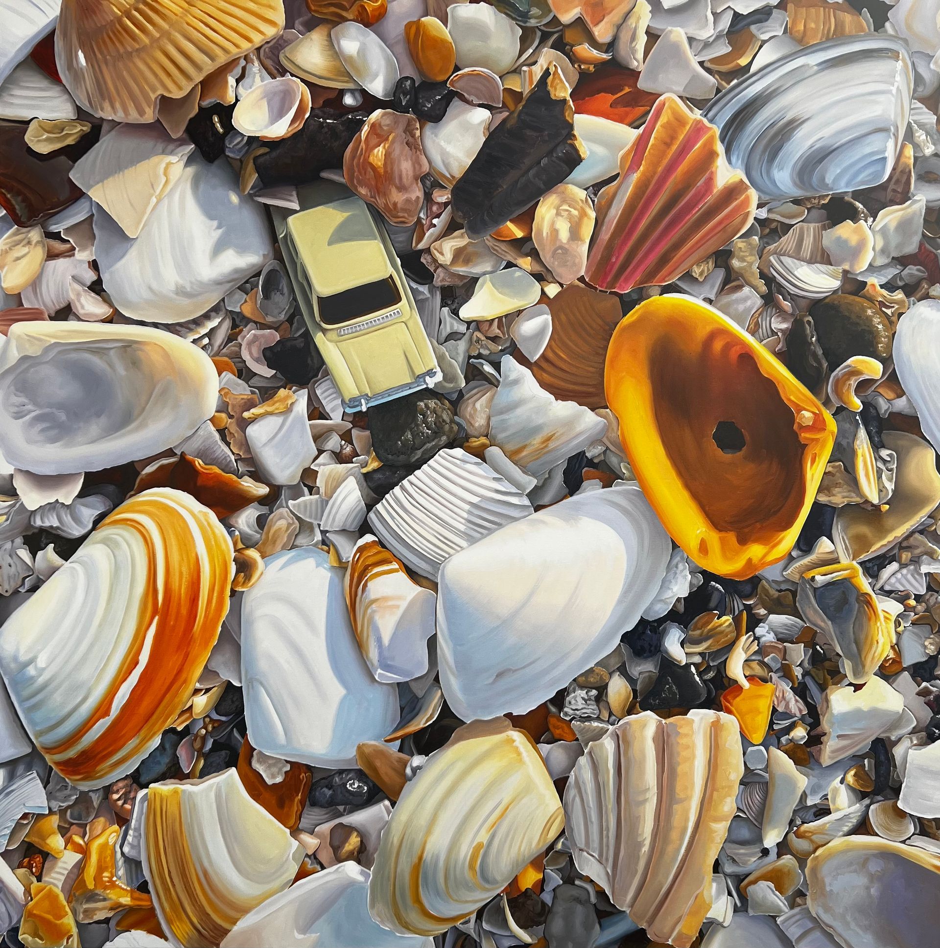 A pile of seashells with a toy car in the middle