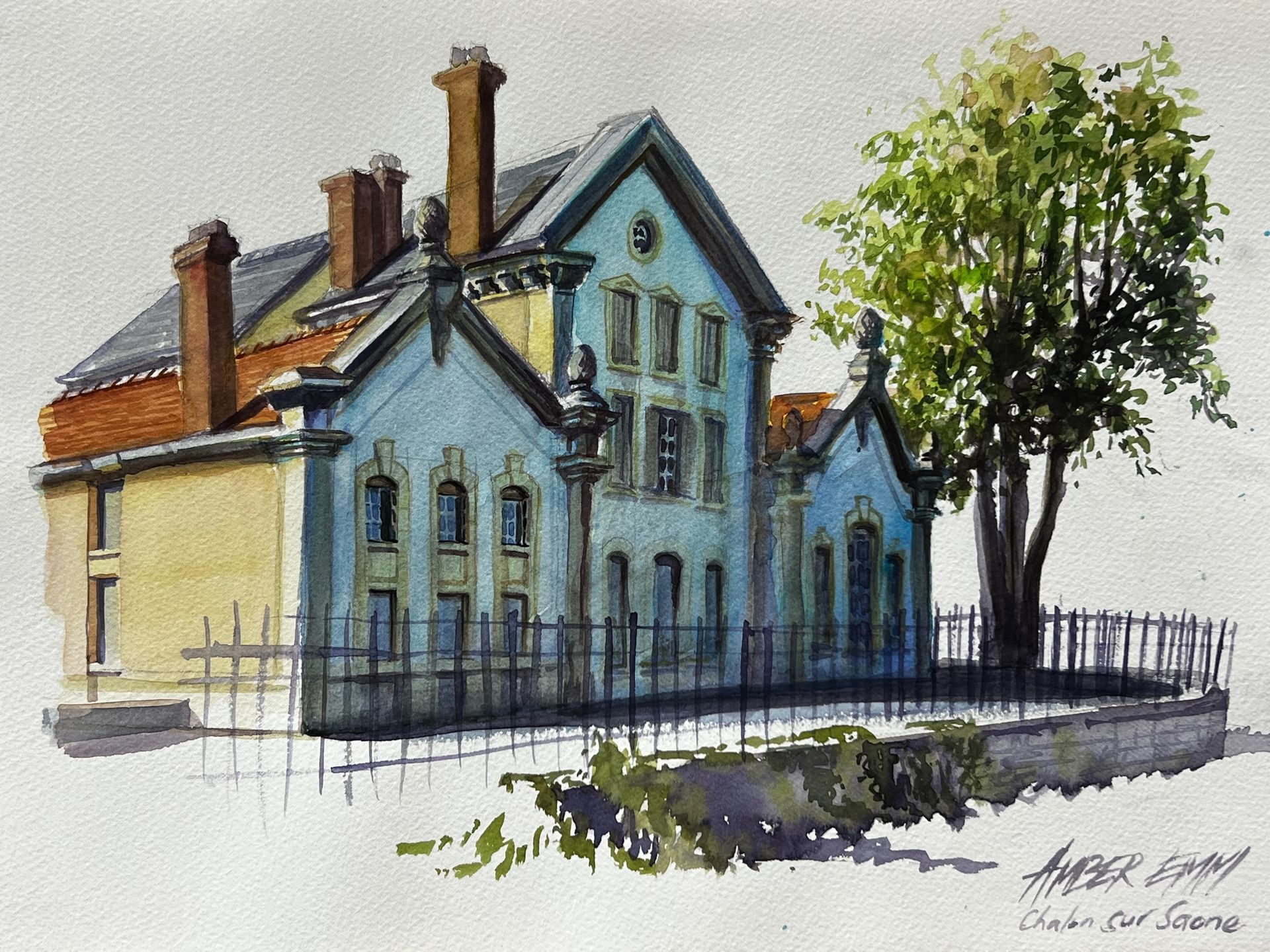 A watercolor painting of a house with a tree in front of it