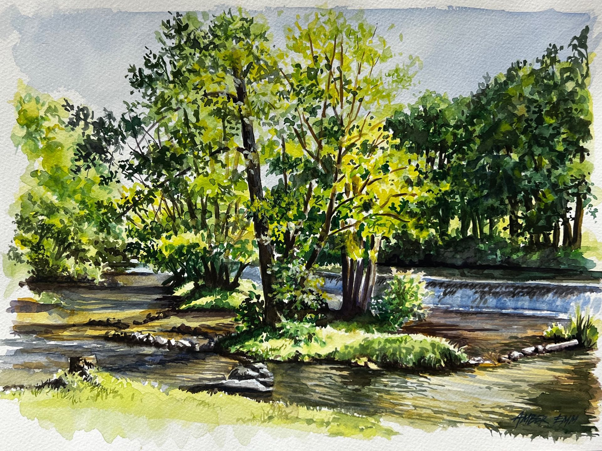 A watercolor painting of a river surrounded by trees