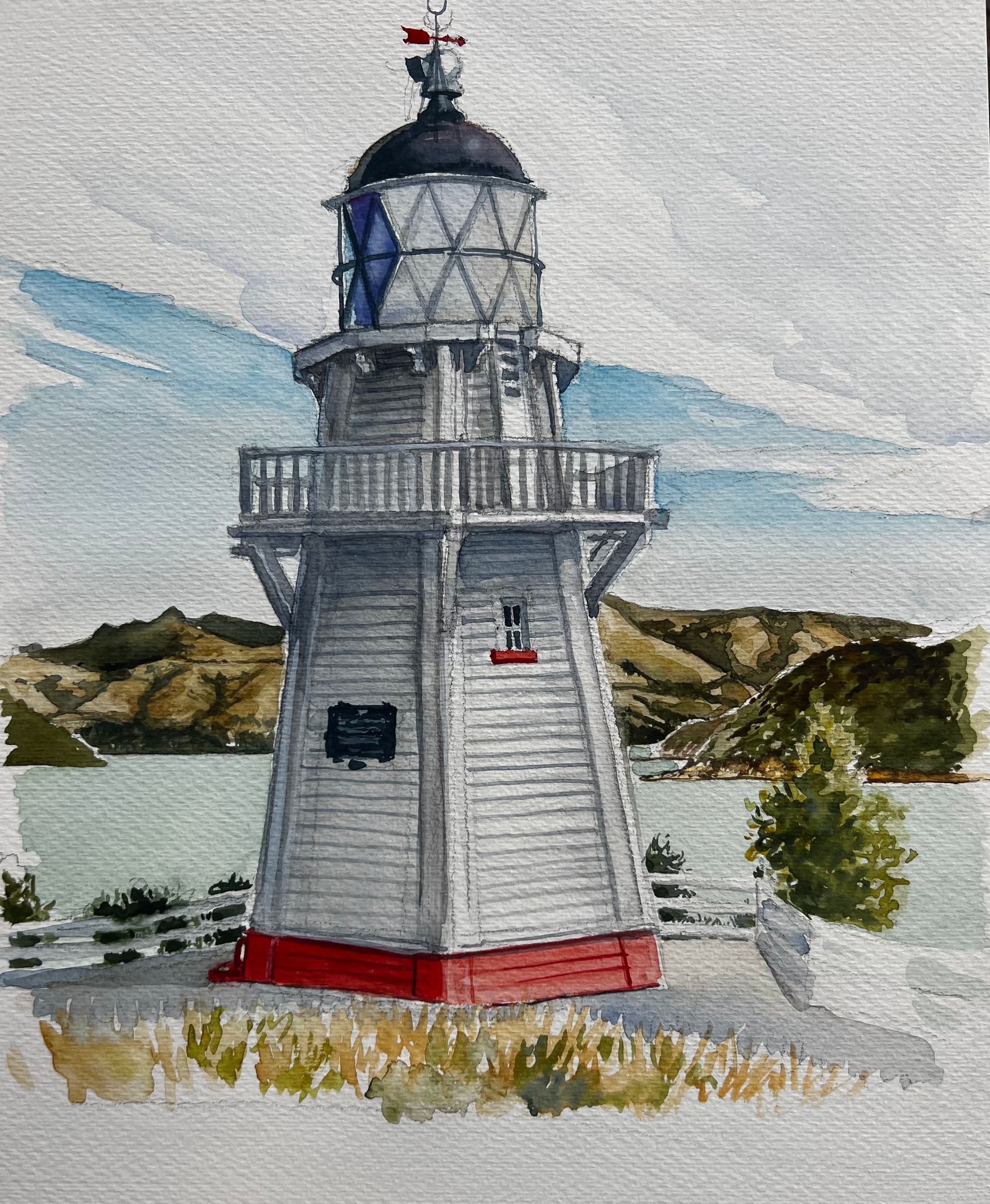 A watercolor painting of a lighthouse in the middle of a body of water.