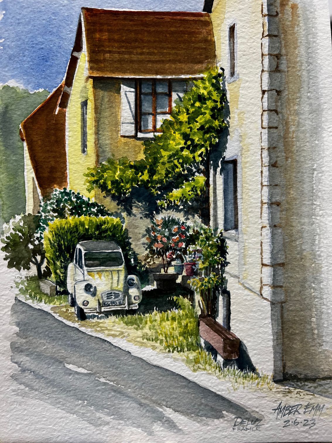 A watercolor painting of a car parked in front of a house.