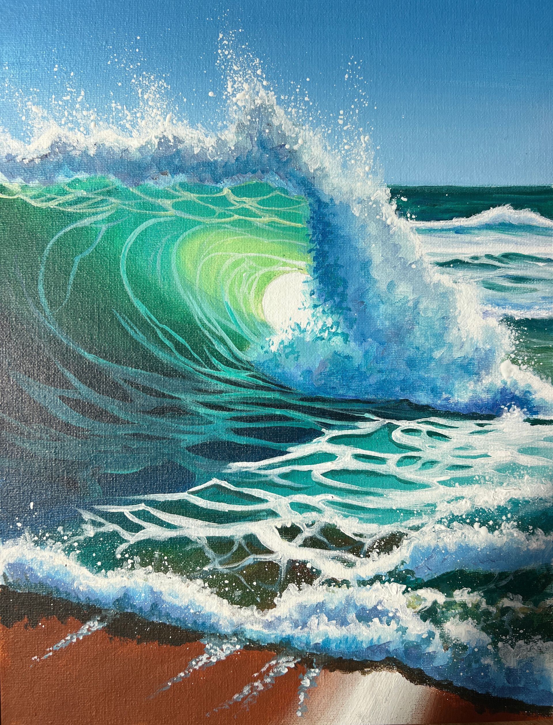 A painting of a white wave with green and blue surf 