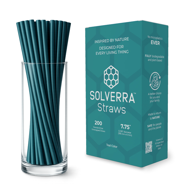 Glass of teal reusable straws beside a teal Solverra Straws box on a white background