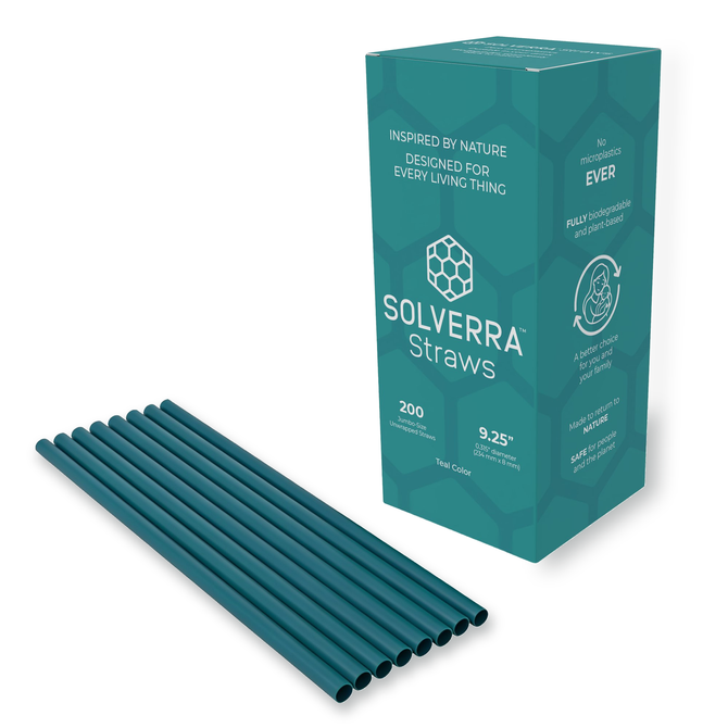 Teal package of SOLVERRA straws beside a bundle of matching teal straws on white background