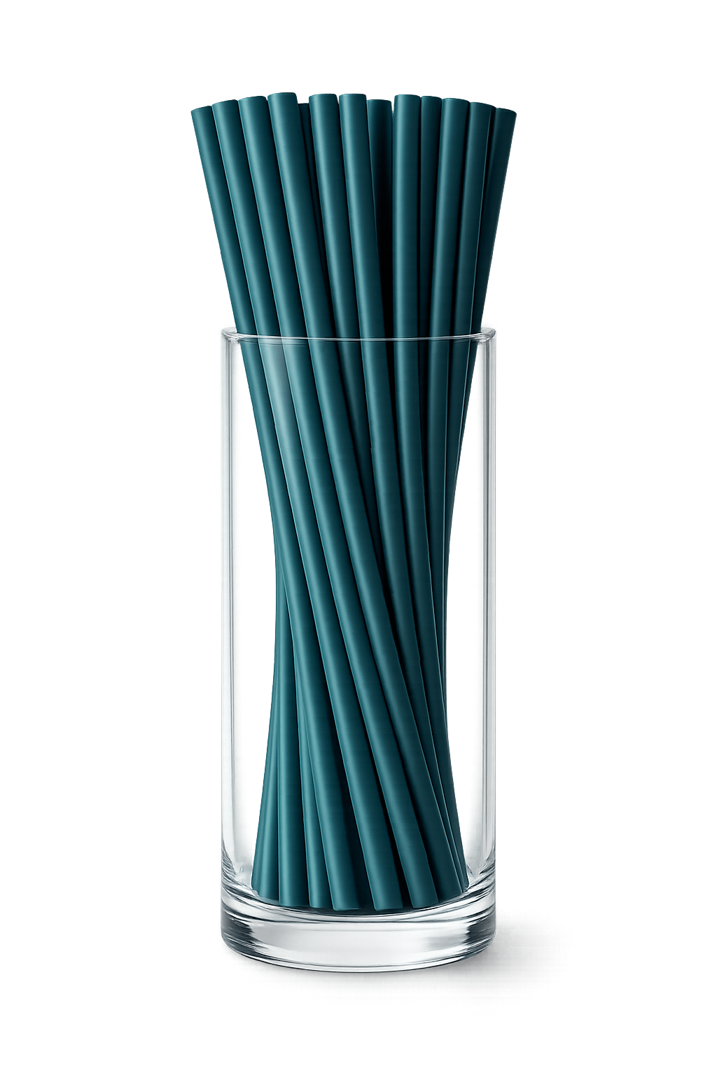 Blue incense sticks in a clear glass holder on a white background