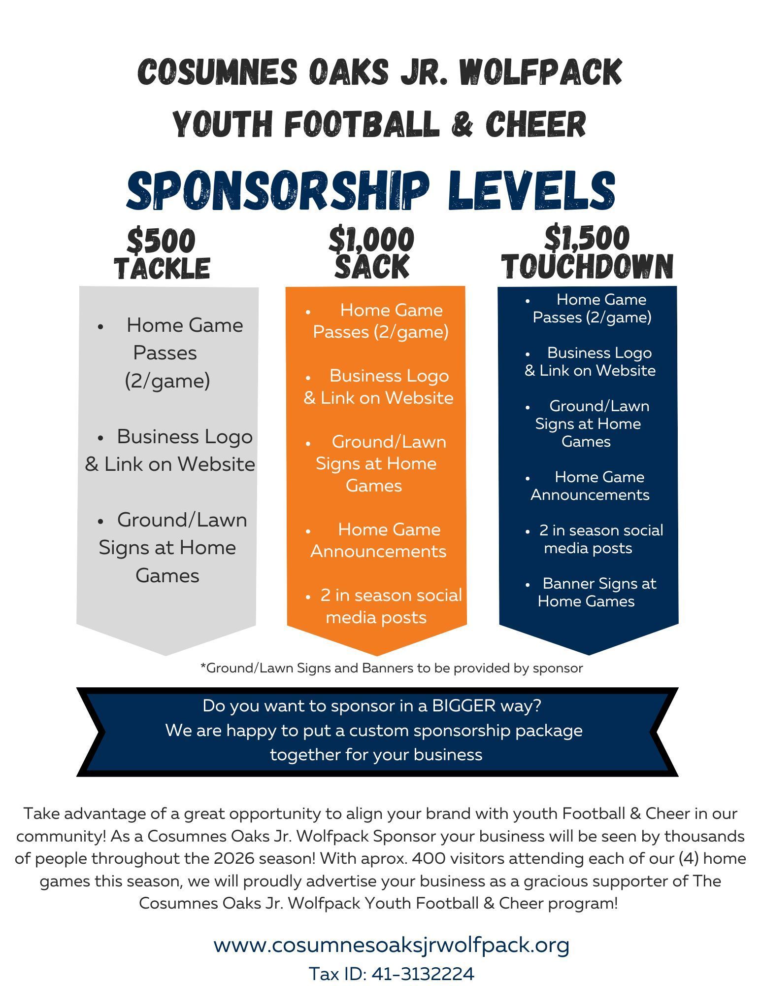 Sponsor flyer for Cosumnes Oaks Jr. Wolfpack youth football and cheer, showing sponsorship levels and benefits.