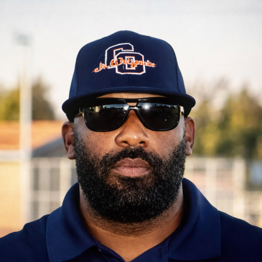 Man in navy cap and sunglasses, wearing a navy polo, standing outdoors with a blurred background