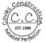 Circular logo for Covas Construction: "C.C." in the center, "EST. 1988" below, and text around the border.