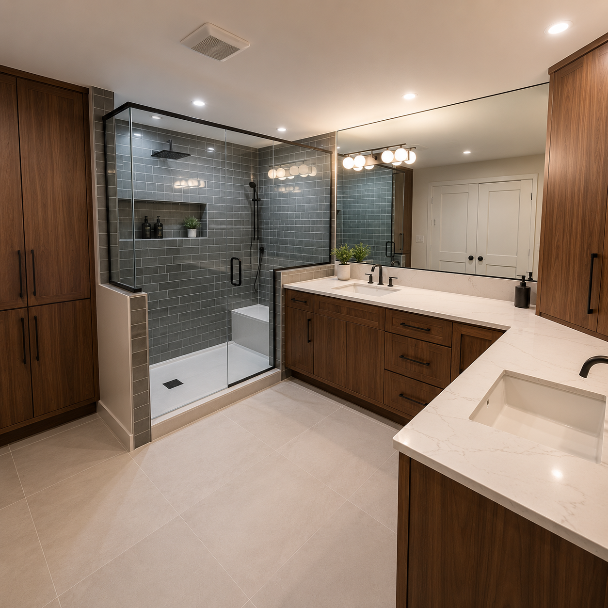 A bathroom with a granite-topped vanity, a wall-mounted mirror, a toilet, and a glass-enclosed shower with pebble flooring.