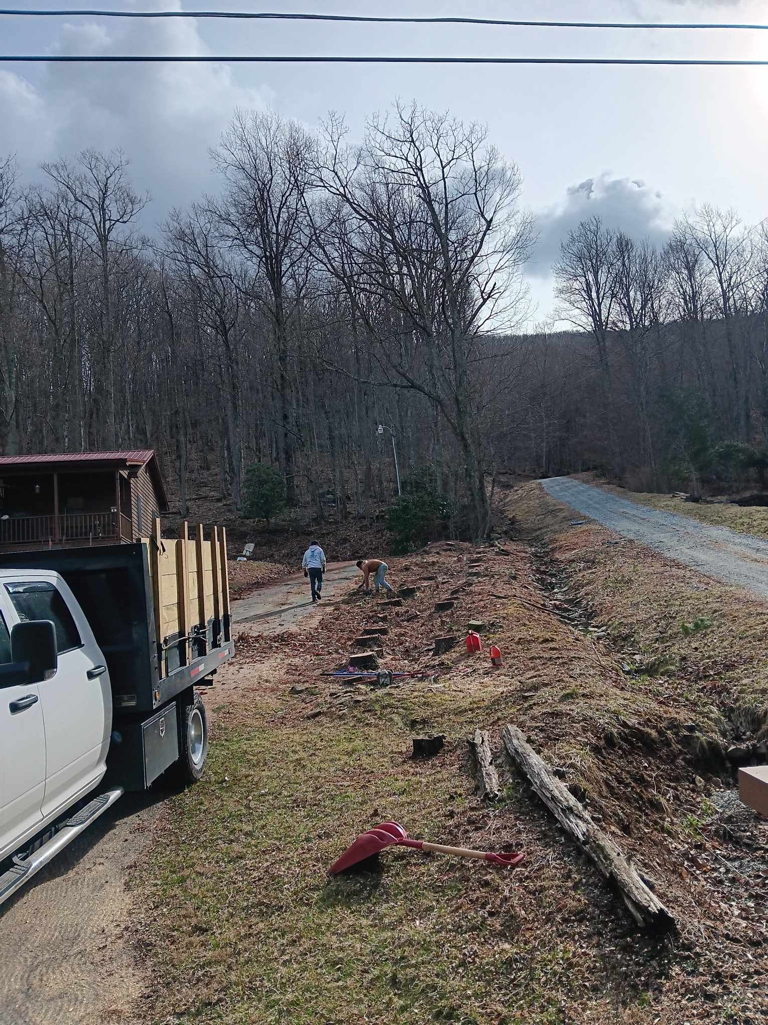 Rural roadside with a parked white truck, a person in blue, bare trees, and cloudy sky