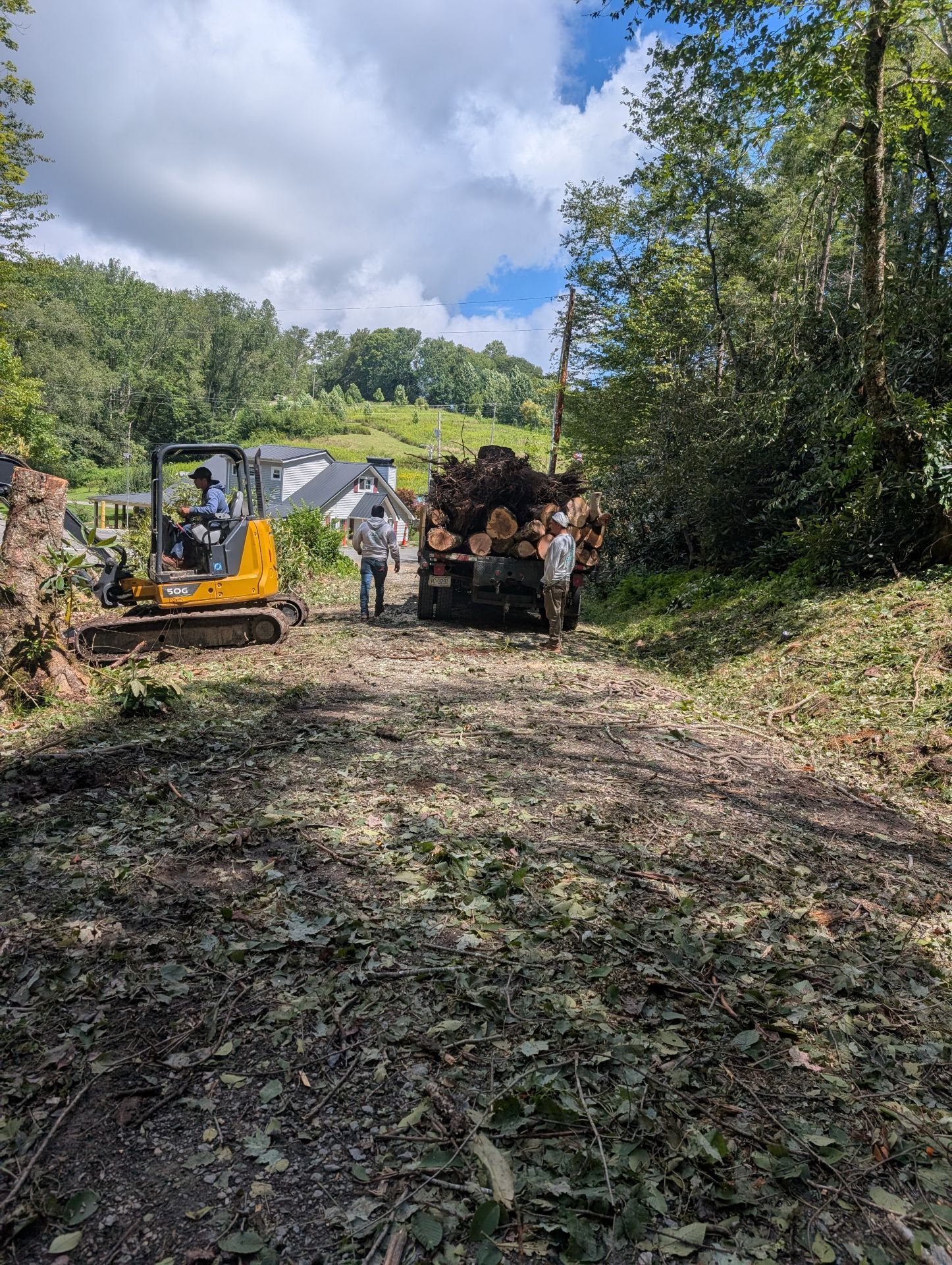 Construction crew clearing a wooded dirt path with a yellow excavator and truck under a cloudy sky
