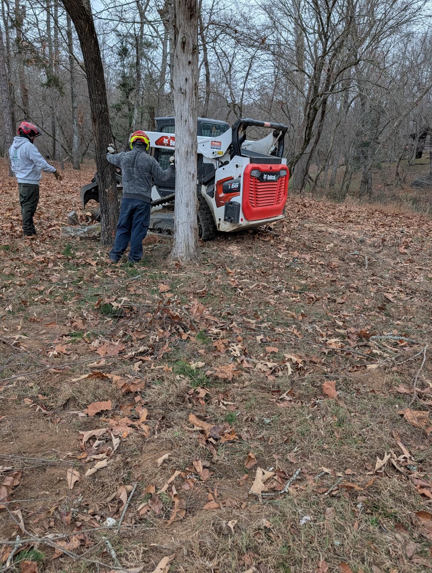 Three people near a red-and-white off-road vehicle in a wooded area with fallen leaves.