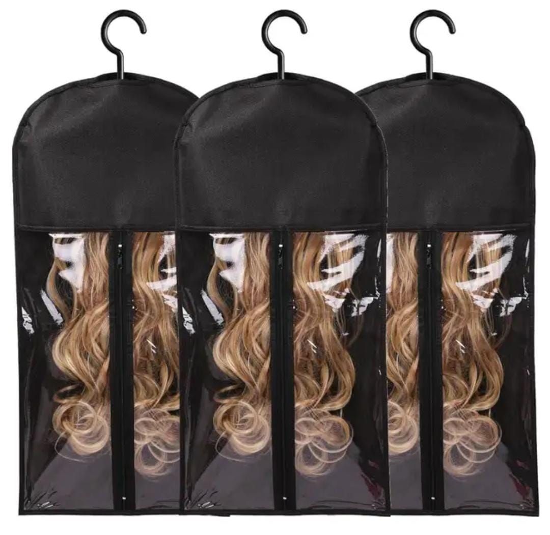 RF368 -3 Pcs - Large Black Wig Storage Bag with Zipper, and hanger.