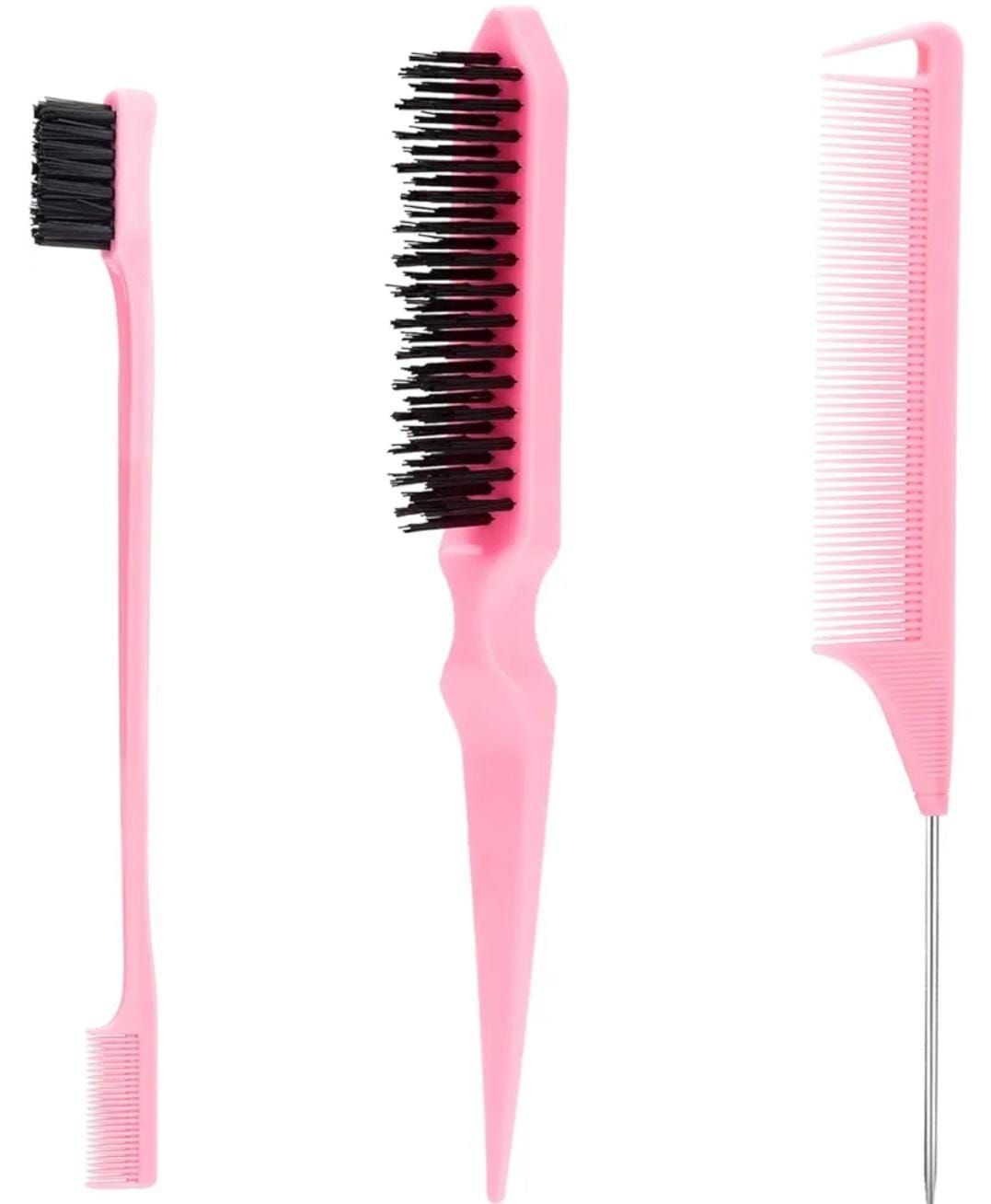 RF368 - 3Pcs Slick Pink Hairbrush Set Bristle Hairbrush Edge Control Brush Teasing Comb