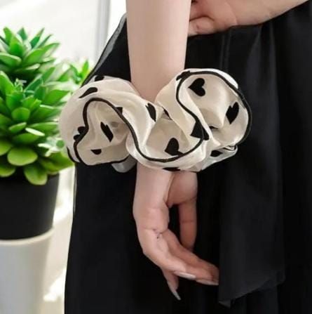 RF368 - 4 pcs- White color hair scrunchies. Heart flower print chiffon oversize hair scrunchie.Women hair accessories