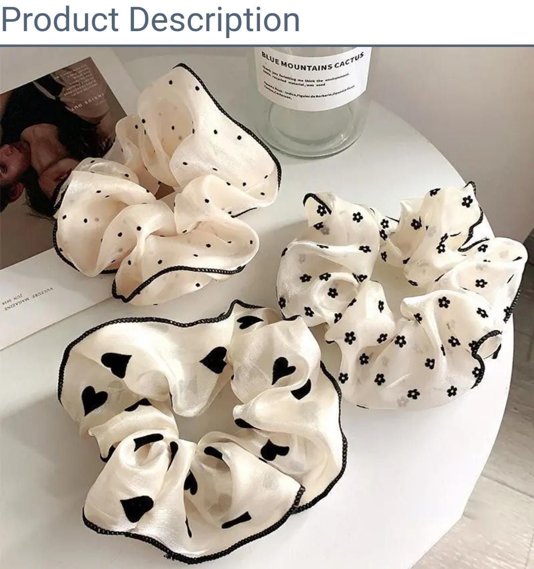 RF368 - 4 pcs- White color hair scrunchies. Heart flower print chiffon oversize hair scrunchie.Women hair accessories