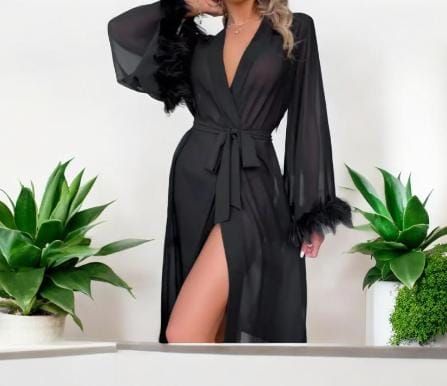 RF368 - Black Feather Long Sleeved Nightgown