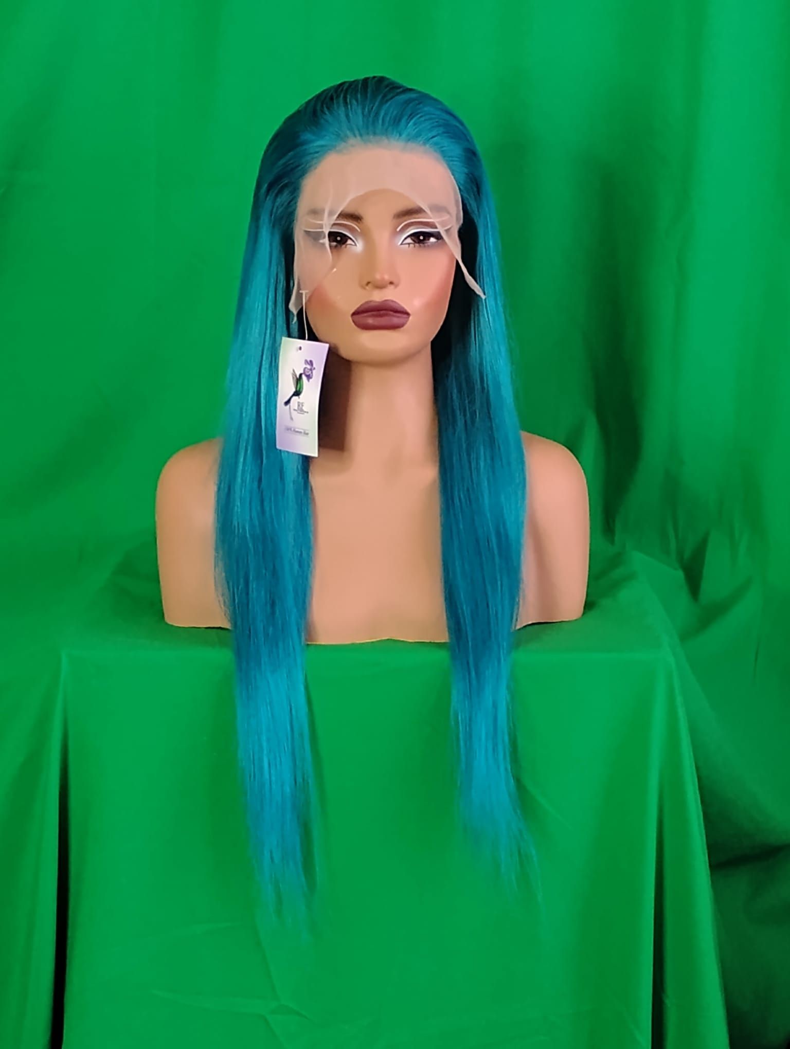 RF368 - 24 Inches 13x4 HD Transparent Lace Wig   Aqua Blue Straight .