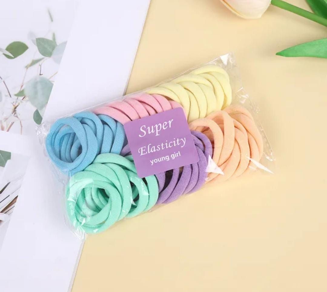 RF368 - 50 Pcs/Pack  Light Blue,Light Green,Yellow,Peach, Light Pink, and Lavender Elastic Hair Ties, Elastic Seamless Hair Tie for Women and Girls Daily Wear.