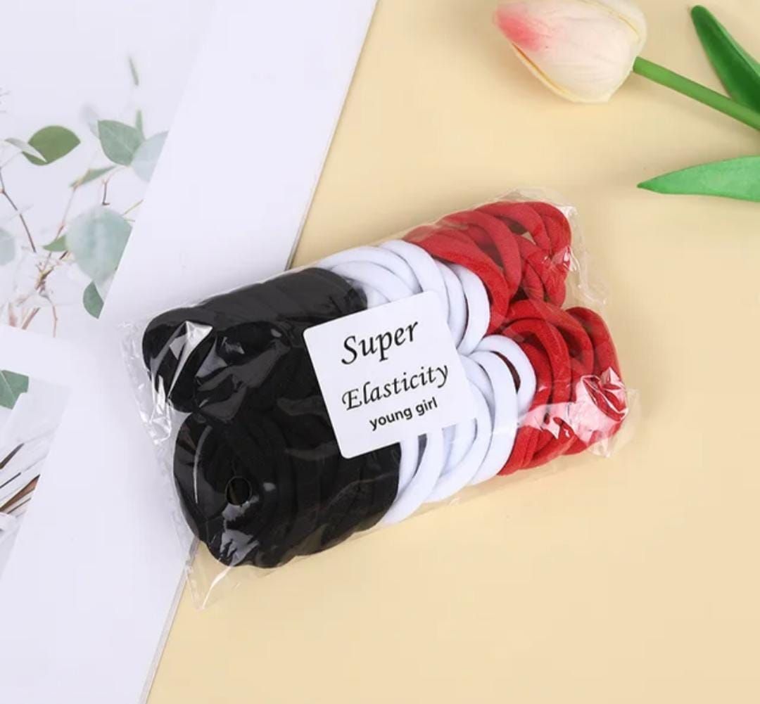 RF368 - 50 Pcs/Pack Black, Red, and White Elastic Hair Ties, Elastic Seamless Hair Tie for Women and Girls Daily Wear.