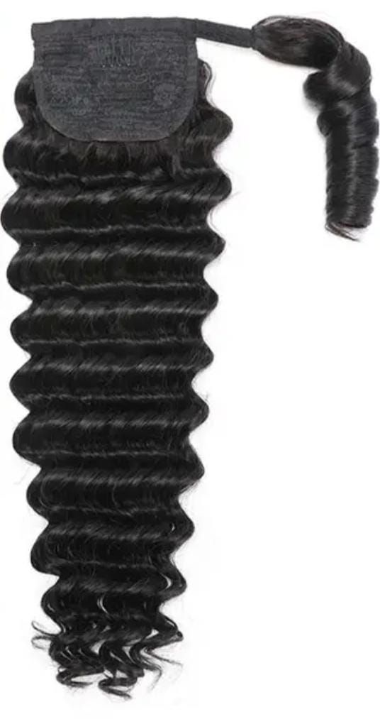 RF368 - 18 Deep Wave Ponytail Natural Black Human Hair Extension.
