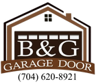 B&G Garage Door logo in brown and white with a stylized garage and house roof icon