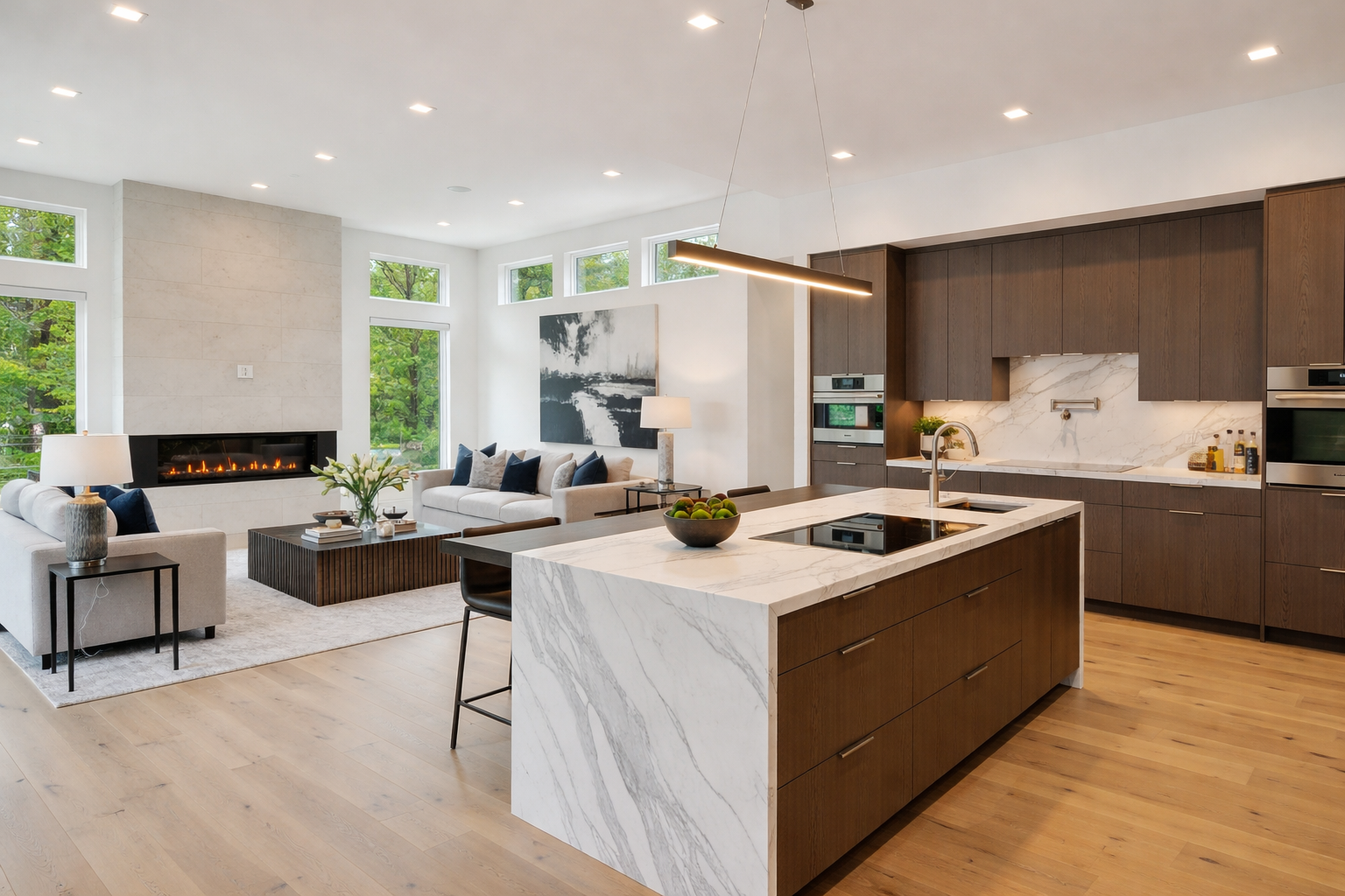 Open-concept modern interior featuring a kitchen with dark wood cabinets and a marble island, next to a cozy living area