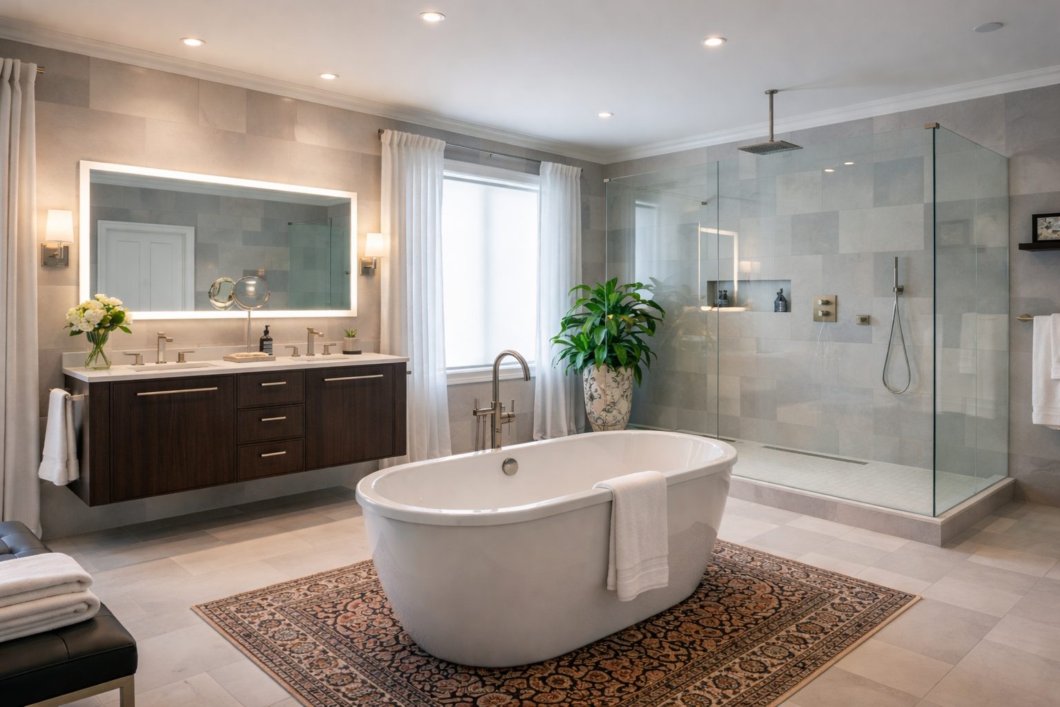 A modern, neutral-toned bathroom with a white freestanding tub, dark wood vanity, glass-enclosed shower, and area rug