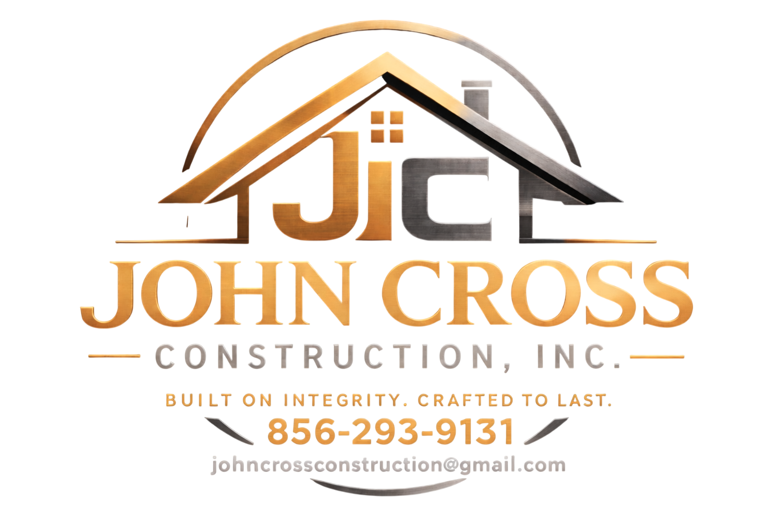 John Cross Construction Inc. logo with roof icon, gold and black text, phone number and email