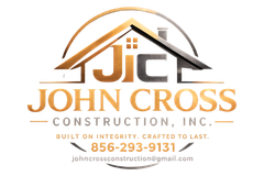 John Cross Construction Inc. logo with roof icon, gold and black text, phone number and email
