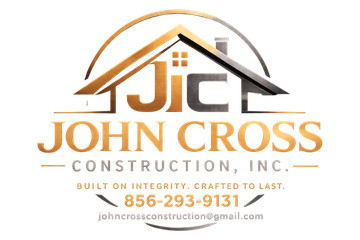 John Cross Construction Inc. logo with roof icon, gold and black text, phone number and email