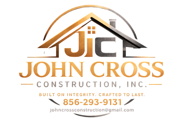 John Cross Construction Inc. logo with roof icon, gold and black text, phone number and email