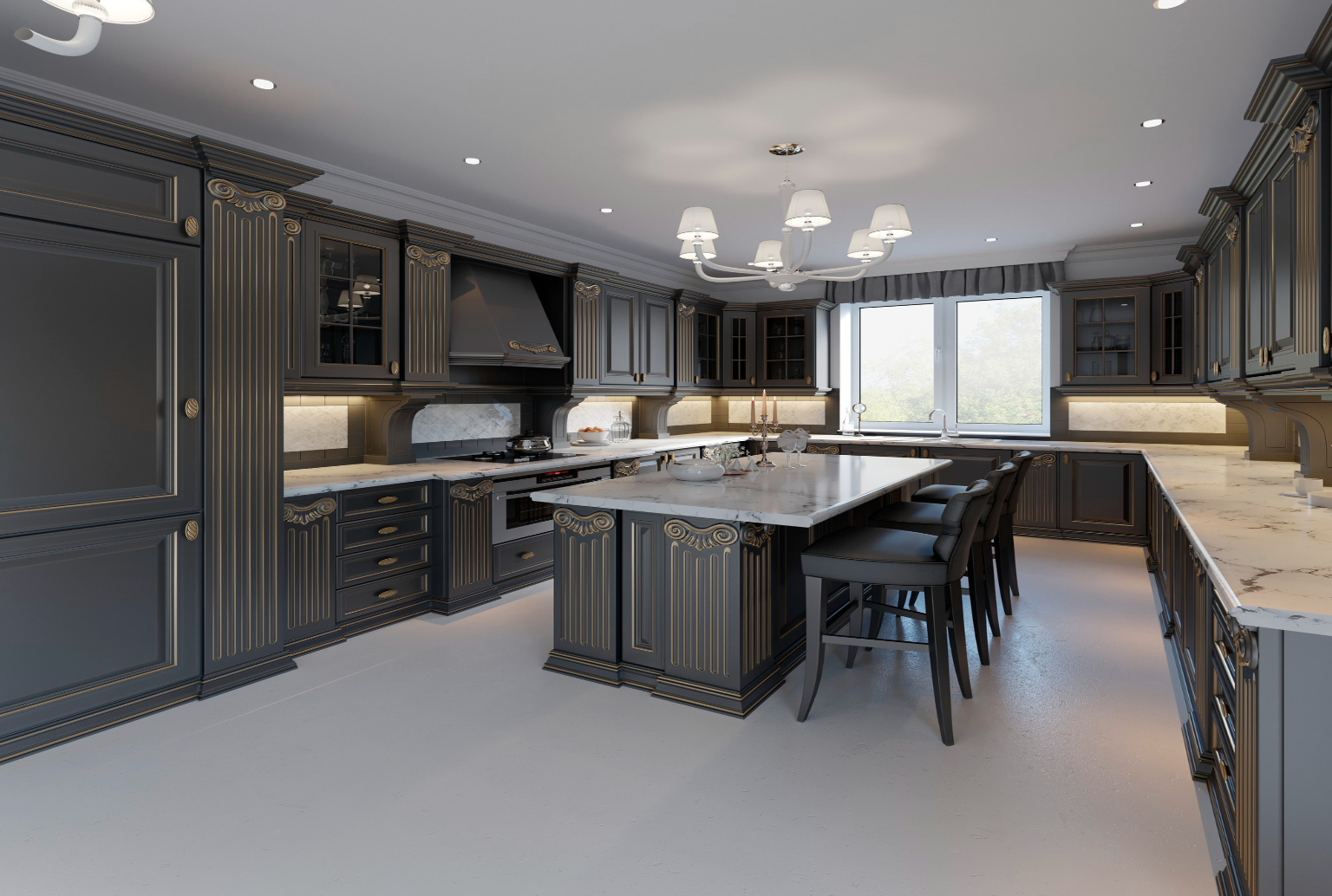 A luxury, dark-wood kitchen with a white marble island, breakfast bar stools, and recessed lighting