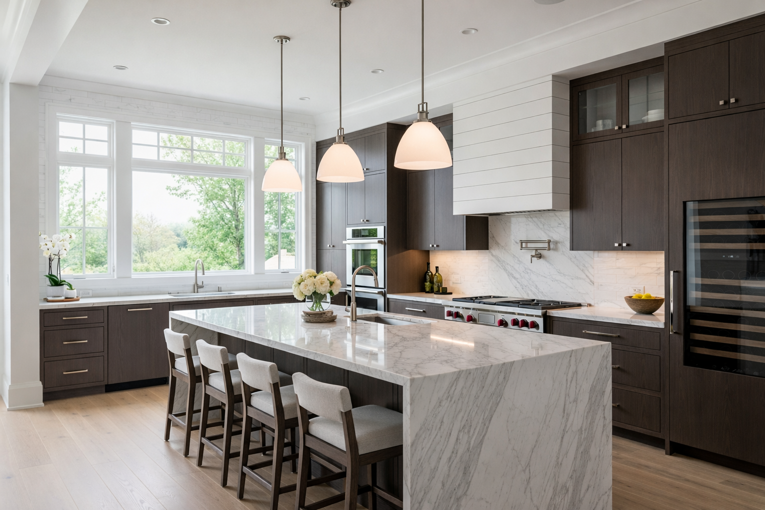Modern kitchen with dark wood cabinets, a large marble-topped island with four stools, and three pendant lights