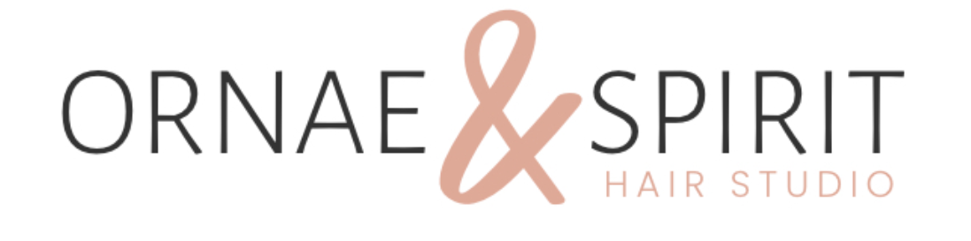 Ornae & Spirit Hair Studio logo in gray and peach text with stylized ampersand
