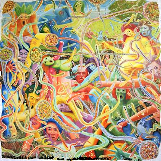 Vibrant, chaotic painting with figures entangled in colorful, writhing lines. Figures have emotive expressions, in a bright, surreal scene.