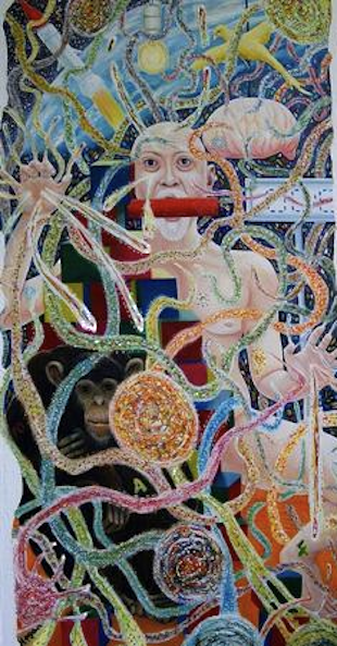 A figure with a red mouthpiece surrounded by colorful lines, a chimp, and swirling patterns.