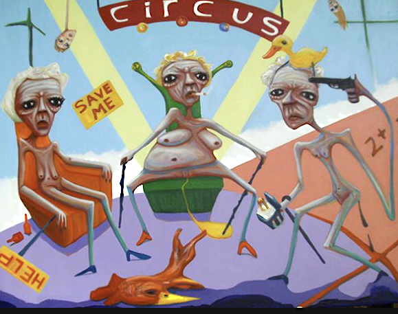 Surreal painting of three gaunt figures in a circus setting: one in a chair, one smoking, and one holding a gun.