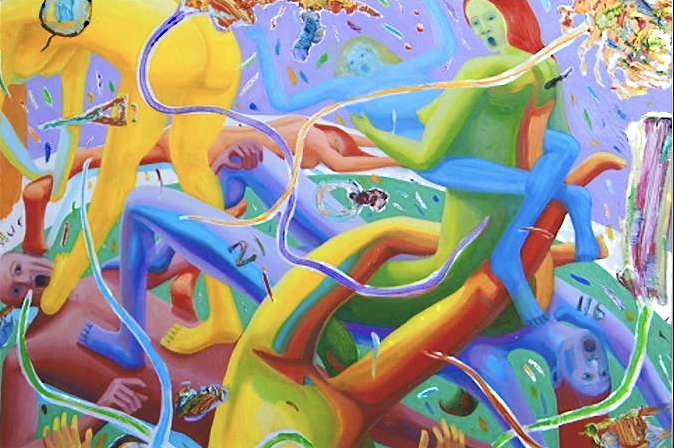 Abstract painting of colorful figures, intertwined, in vibrant hues.