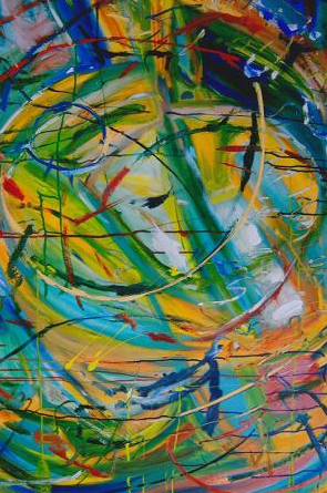 Abstract colorful swirls and overlapping brushstrokes in blue, green, yellow, red, and white
