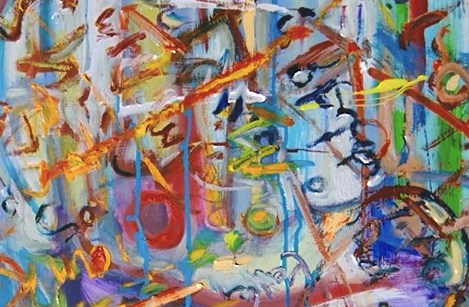 Abstract painting with bold, colorful brushstrokes, predominantly blues, oranges, and yellows; textured appearance.