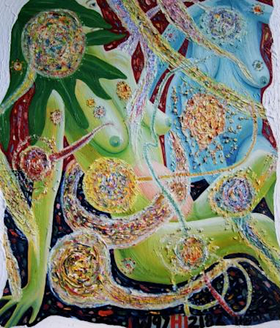 Abstract painting of figures in green and blue, with swirling patterns and organic shapes.