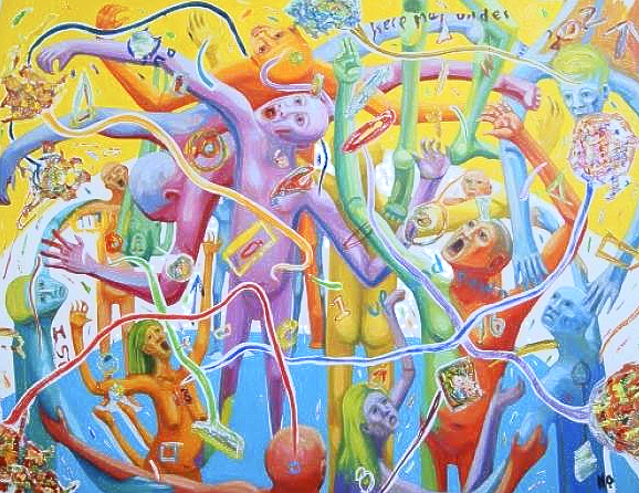 Multicolor figures reaching with arms, set against a yellow background. The words 