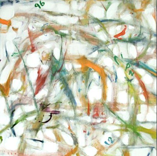 Abstract painting with overlapping colorful strokes on white. Some visible numbers.